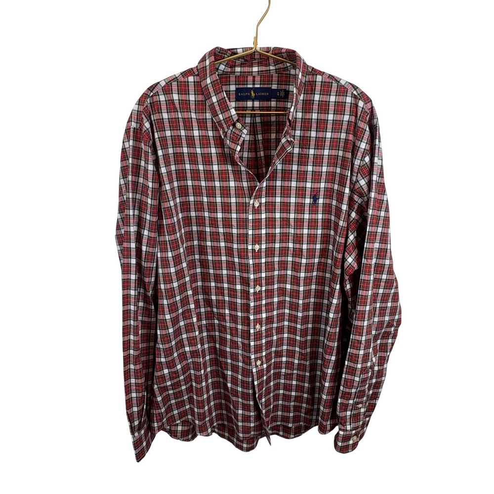 Ralph Lauren Mens XL Red Green White Plaid Cotton Button Down Christmas Shirt